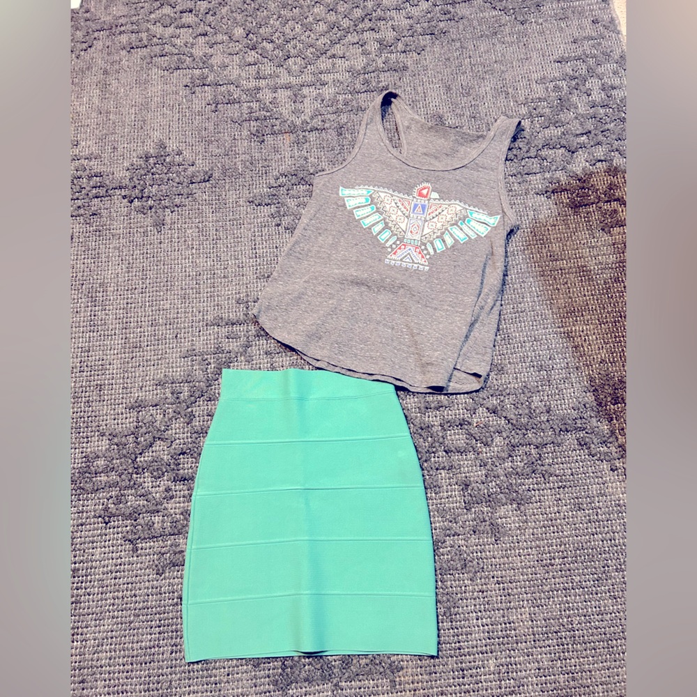 Gray Tank Top with Teal Skirt Set Summer BCBGMAXAZRIA Skirt Set
